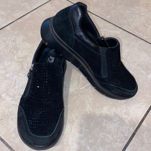 IMAC VERA PELLE BLACK SUEDE WITH BLACK RHINESTONES WEDGE SNEAKERS SIZE 36